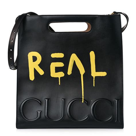 GUCCI Calfskin GucciGhost Real Medium XL Tote Black Yellow 